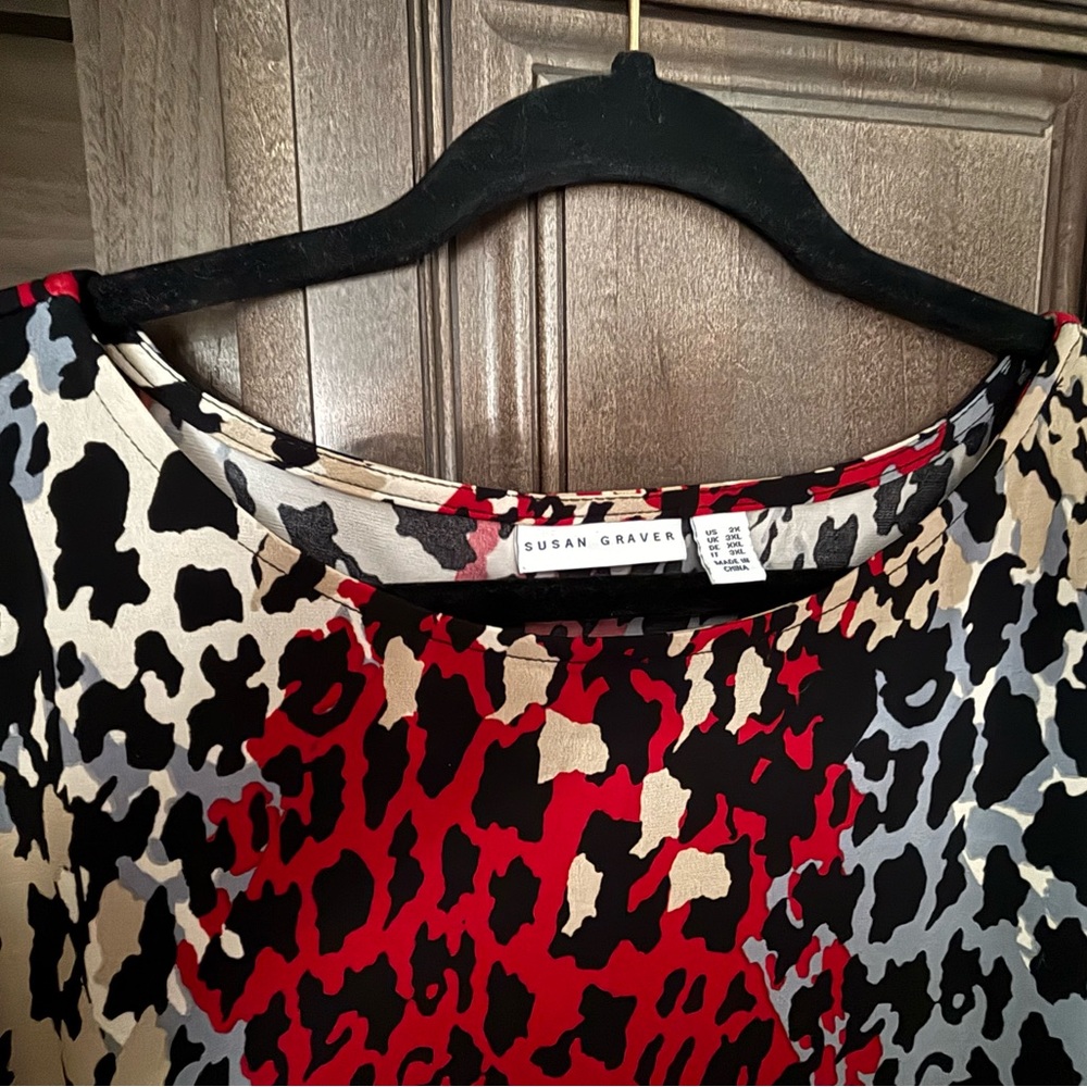 Susan Graver Red and Black Animal Print Blouse - Picture 2 of 4